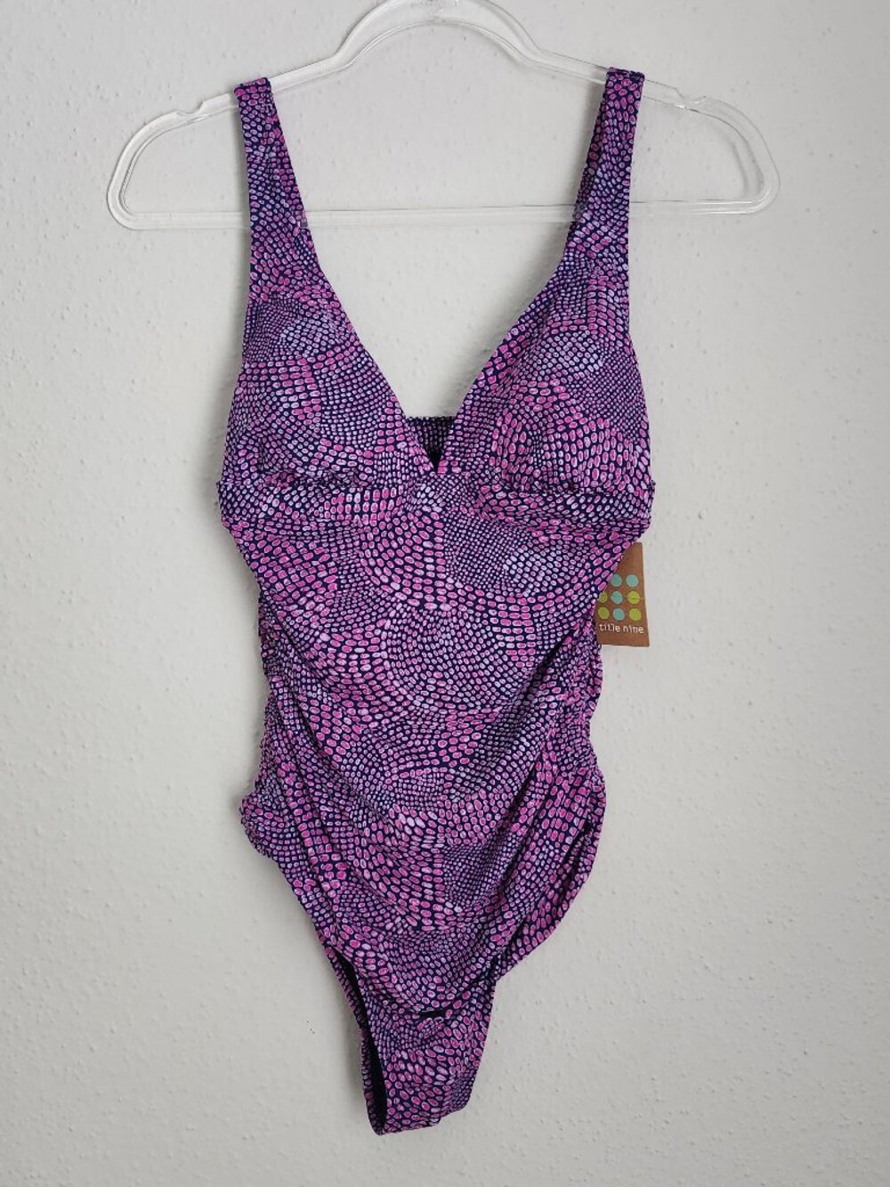 TITLE NINE NWT Ruched Vibrant Purple & Pink Pebble Print One-Piece Swimsuit XS